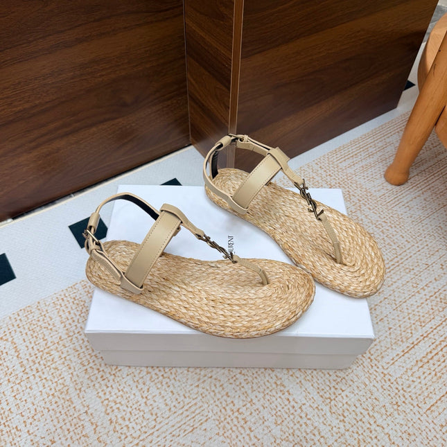 YSL 26S THONG SANDALS IN BEIGE RAFFIA AND CALFSKIN