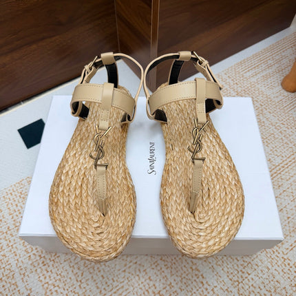 YSL 26S THONG SANDALS IN BEIGE RAFFIA AND CALFSKIN