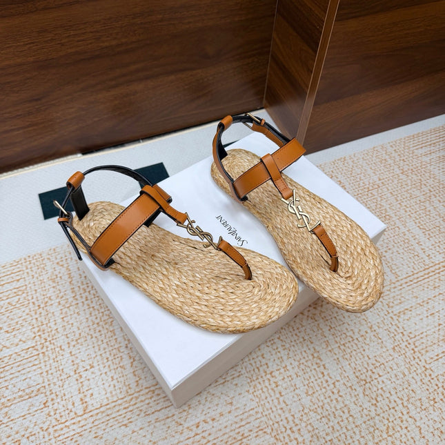 YSL 26S THONG SANDALS IN BEIGE RAFFIA AND LIGHT BROWN CALFSKIN