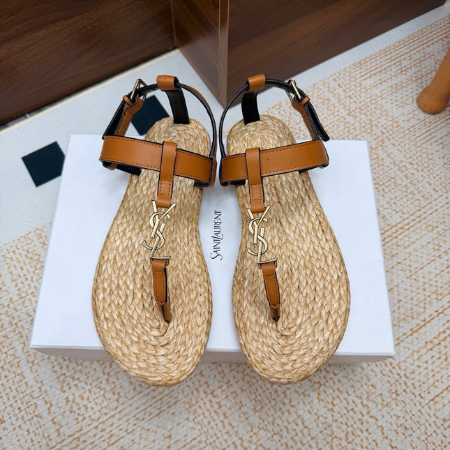 YSL 26S THONG SANDALS IN BEIGE RAFFIA AND LIGHT BROWN CALFSKIN