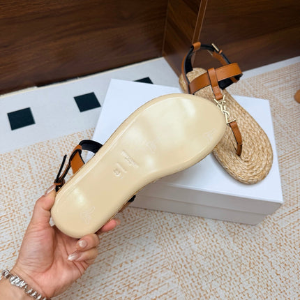 YSL 26S THONG SANDALS IN BEIGE RAFFIA AND LIGHT BROWN CALFSKIN