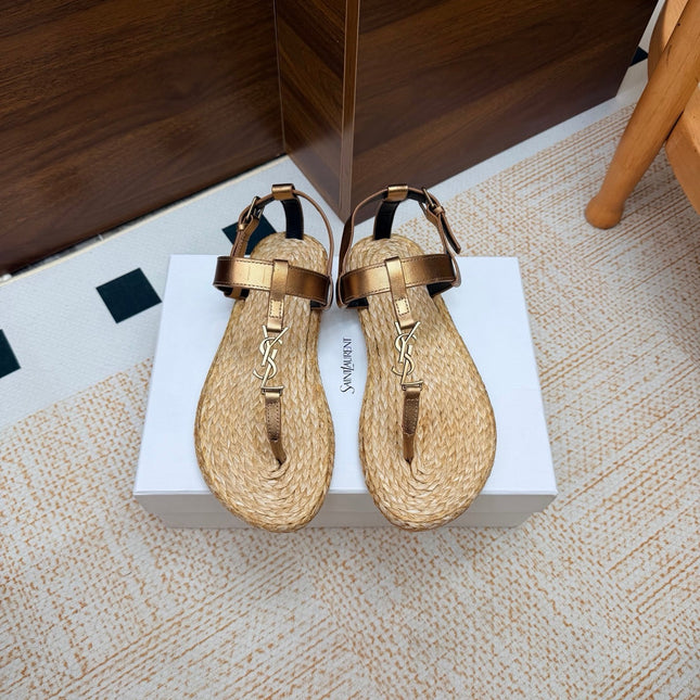 YSL 26S THONG SANDALS IN BEIGE RAFFIA AND METALLIC BRONZE CALFSKIN