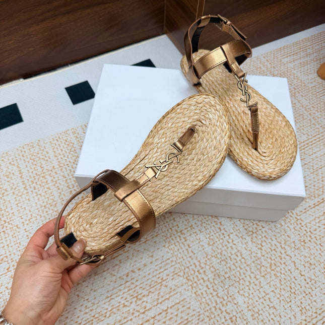 YSL 26S THONG SANDALS IN BEIGE RAFFIA AND METALLIC BRONZE CALFSKIN