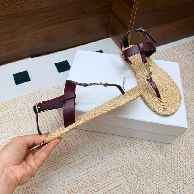 YSL 26S THONG SANDALS IN BEIGE RAFFIA AND BURGUNDY CALFSKIN