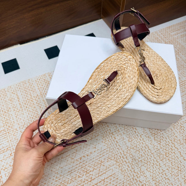 YSL 26S THONG SANDALS IN BEIGE RAFFIA AND BURGUNDY CALFSKIN