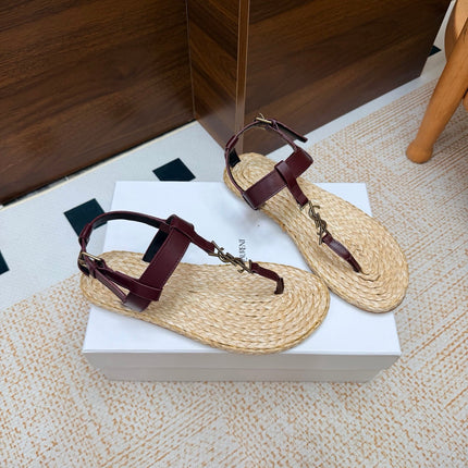 YSL 26S THONG SANDALS IN BEIGE RAFFIA AND BURGUNDY CALFSKIN