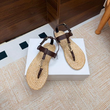 YSL 26S THONG SANDALS IN BEIGE RAFFIA AND DARK BROWN CALFSKIN