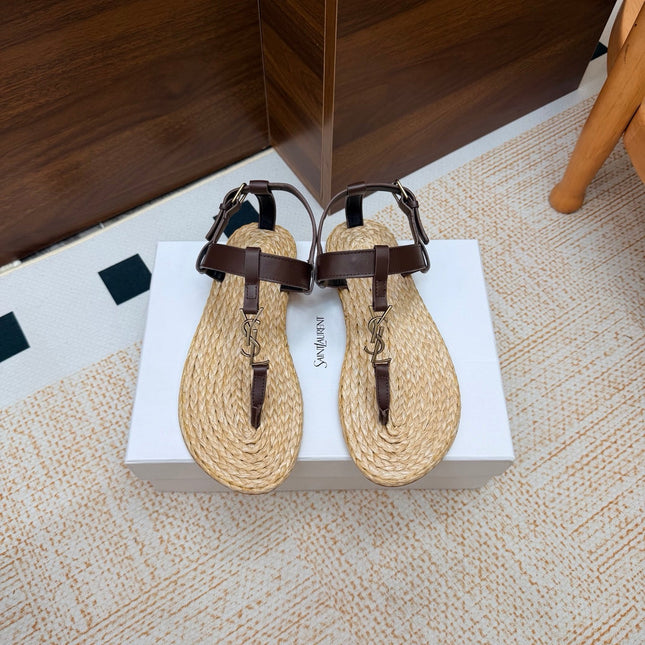 YSL 26S THONG SANDALS IN BEIGE RAFFIA AND DARK BROWN CALFSKIN