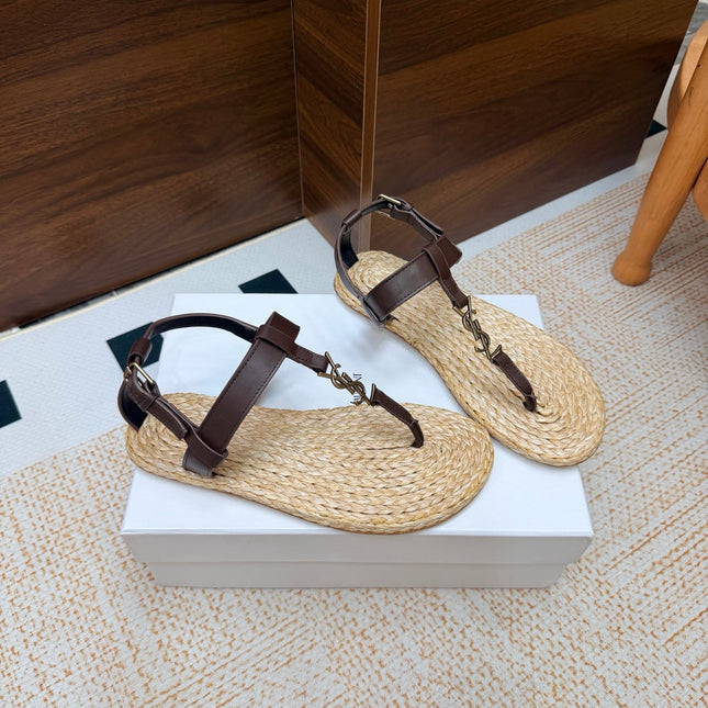 YSL 26S THONG SANDALS IN BEIGE RAFFIA AND DARK BROWN CALFSKIN