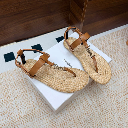 YSL 26S THONG SANDALS IN BEIGE RAFFIA AND BROWN CALFSKIN