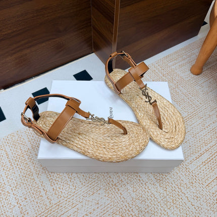 YSL 26S THONG SANDALS IN BEIGE RAFFIA AND BROWN CALFSKIN