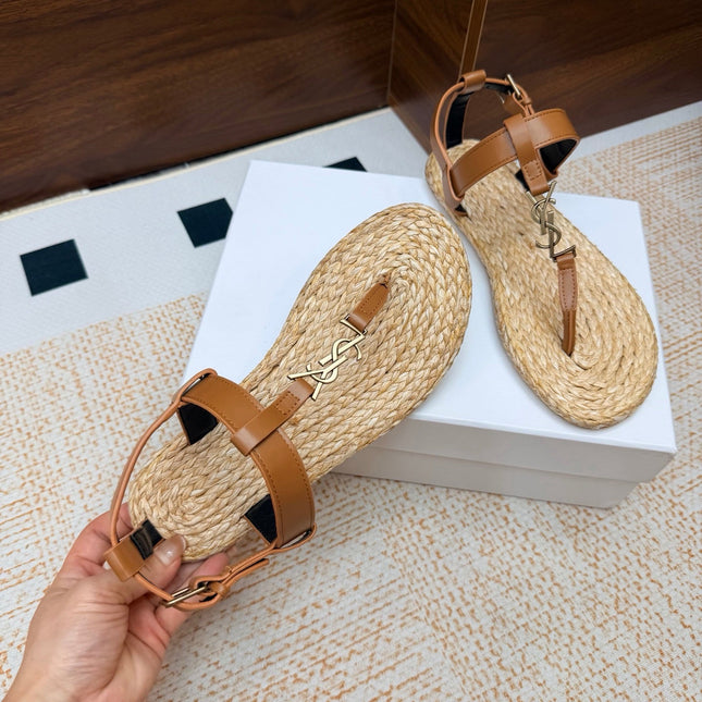 YSL 26S THONG SANDALS IN BEIGE RAFFIA AND BROWN CALFSKIN