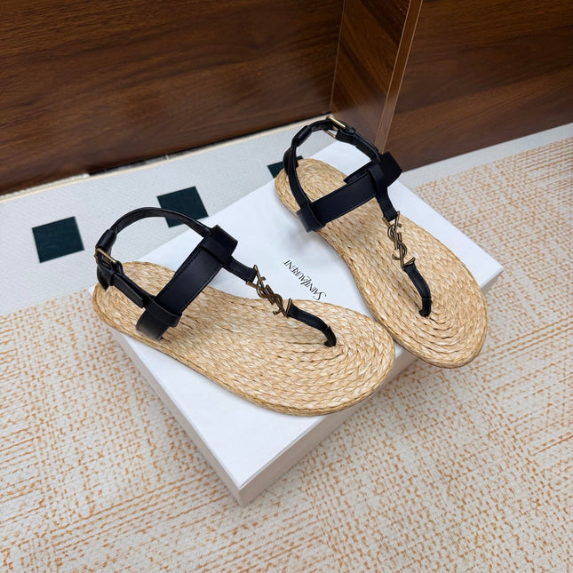 YSL 26S THONG SANDALS IN BEIGE RAFFIA AND BLACK CALFSKIN