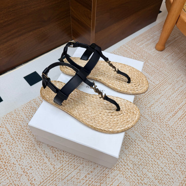 YSL 26S THONG SANDALS IN BEIGE RAFFIA AND BLACK CALFSKIN