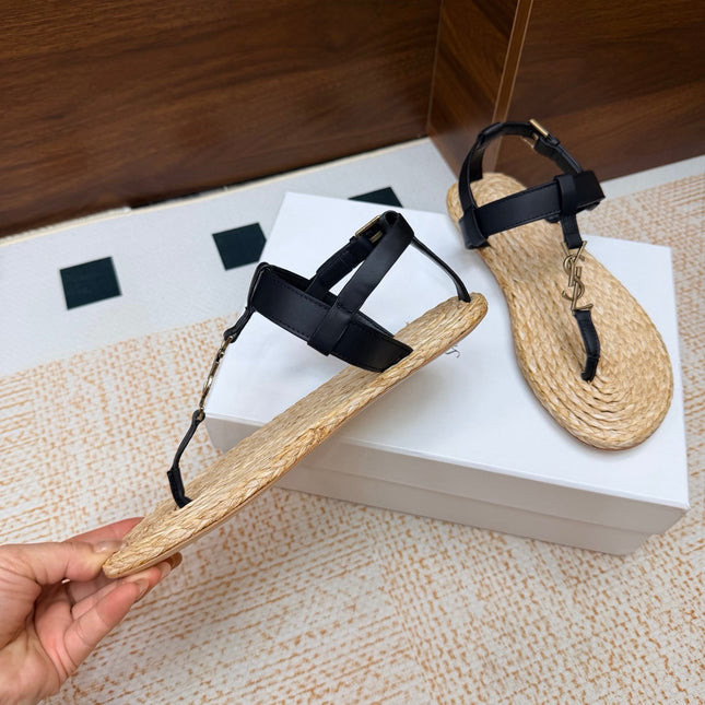 YSL 26S THONG SANDALS IN BEIGE RAFFIA AND BLACK CALFSKIN