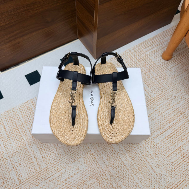 YSL 26S THONG SANDALS IN BEIGE RAFFIA AND BLACK CALFSKIN