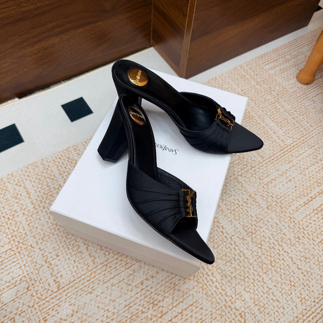 YSL 26S HIGH-HEEL SANDALS 75 MM IN BLACK SATIN