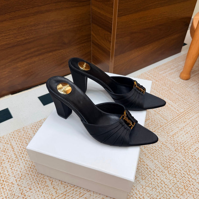 YSL 26S HIGH-HEEL SANDALS 75 MM IN BLACK SATIN