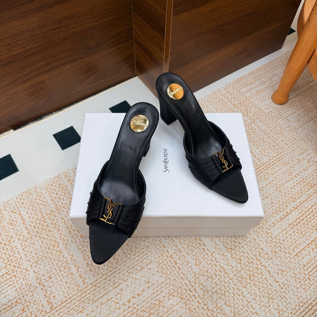 YSL 26S HIGH-HEEL SANDALS 75 MM IN BLACK SATIN