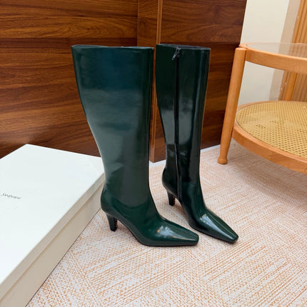 YSL 26S KNEE-HIGH BOOTS 70 MM IN DARK GREEN SHINY CALFSKIN