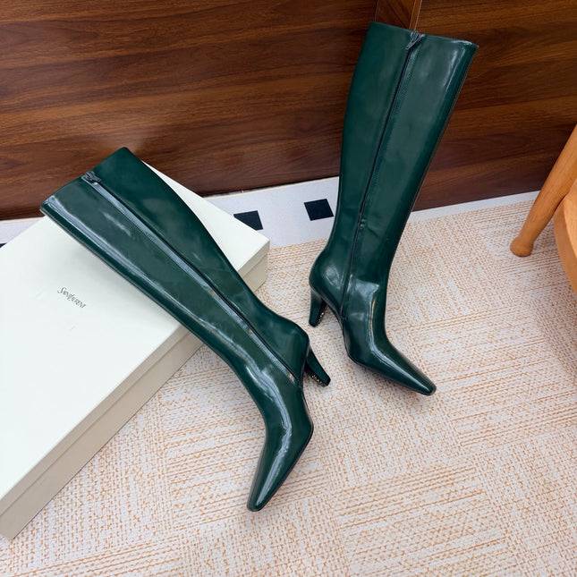 YSL 26S KNEE-HIGH BOOTS 70 MM IN DARK GREEN SHINY CALFSKIN