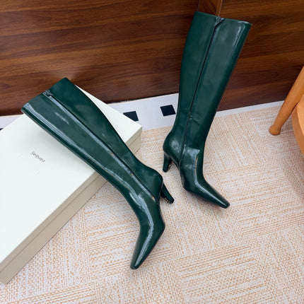 YSL 26S KNEE-HIGH BOOTS 70 MM IN DARK GREEN SHINY CALFSKIN