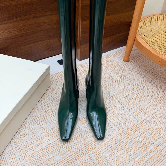 YSL 26S KNEE-HIGH BOOTS 70 MM IN DARK GREEN SHINY CALFSKIN