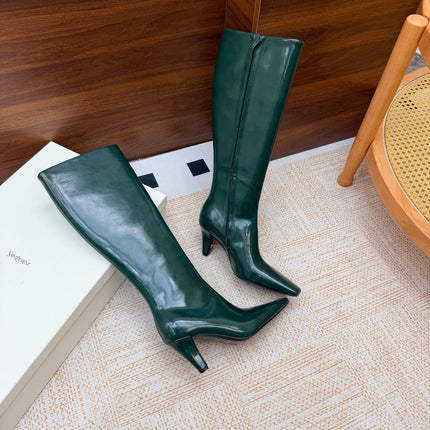 YSL 26S KNEE-HIGH BOOTS 70 MM IN DARK GREEN SHINY CALFSKIN