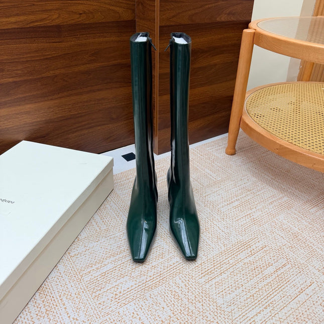 YSL 26S KNEE-HIGH BOOTS 70 MM IN DARK GREEN SHINY CALFSKIN