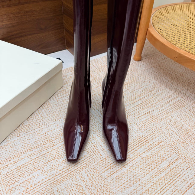 YSL 26S KNEE-HIGH BOOTS 70 MM IN WINE RED SHINY CALFSKIN