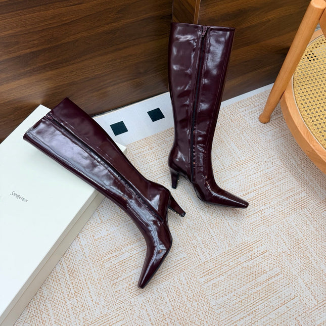YSL 26S KNEE-HIGH BOOTS 70 MM IN WINE RED SHINY CALFSKIN