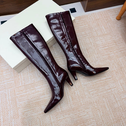YSL 26S KNEE-HIGH BOOTS 70 MM IN WINE RED SHINY CALFSKIN