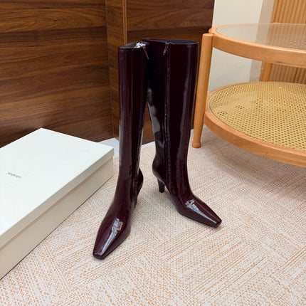 YSL 26S KNEE-HIGH BOOTS 70 MM IN WINE RED SHINY CALFSKIN