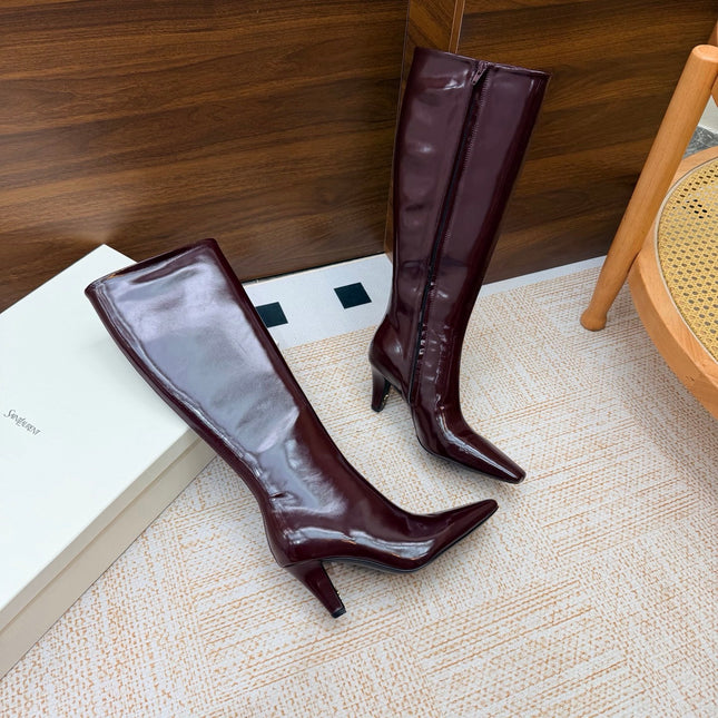 YSL 26S KNEE-HIGH BOOTS 70 MM IN WINE RED SHINY CALFSKIN