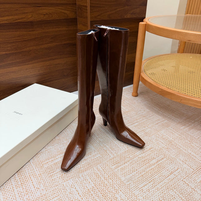 YSL 26S KNEE-HIGH BOOTS 70 MM IN BROWN SHINY CALFSKIN