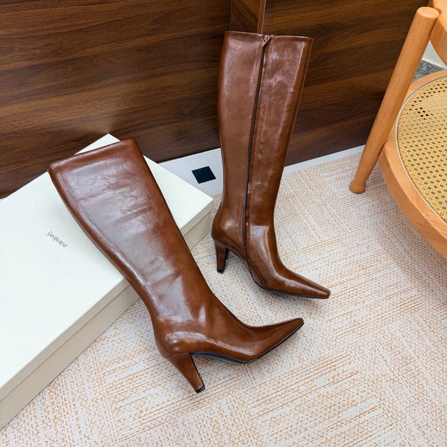 YSL 26S KNEE-HIGH BOOTS 70 MM IN BROWN SHINY CALFSKIN