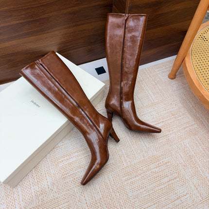 YSL 26S KNEE-HIGH BOOTS 70 MM IN BROWN SHINY CALFSKIN