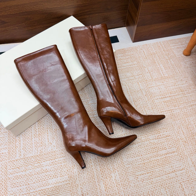 YSL 26S KNEE-HIGH BOOTS 70 MM IN BROWN SHINY CALFSKIN