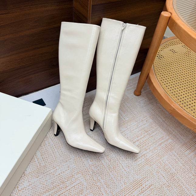 YSL 26S KNEE-HIGH BOOTS 70 MM IN CREAM WHITE CALFSKIN