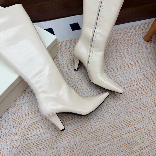 YSL 26S KNEE-HIGH BOOTS 70 MM IN CREAM WHITE CALFSKIN