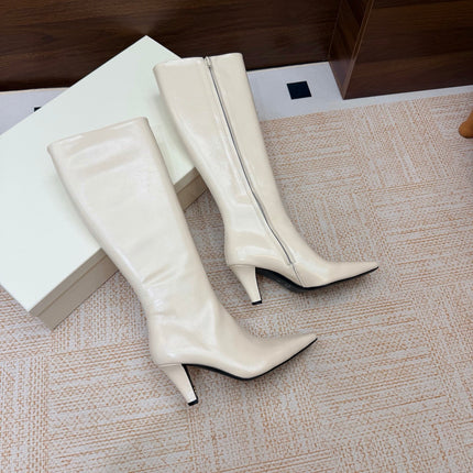 YSL 26S KNEE-HIGH BOOTS 70 MM IN CREAM WHITE CALFSKIN