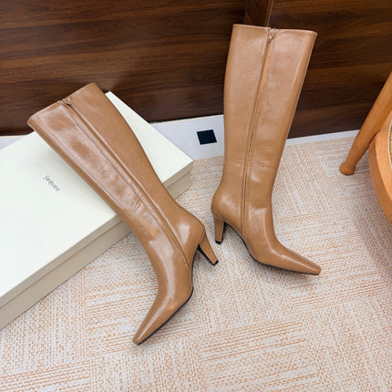 YSL 26S KNEE-HIGH BOOTS 70 MM IN CAMEL BROWN CALFSKIN