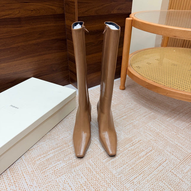 YSL 26S KNEE-HIGH BOOTS 70 MM IN CAMEL BROWN CALFSKIN