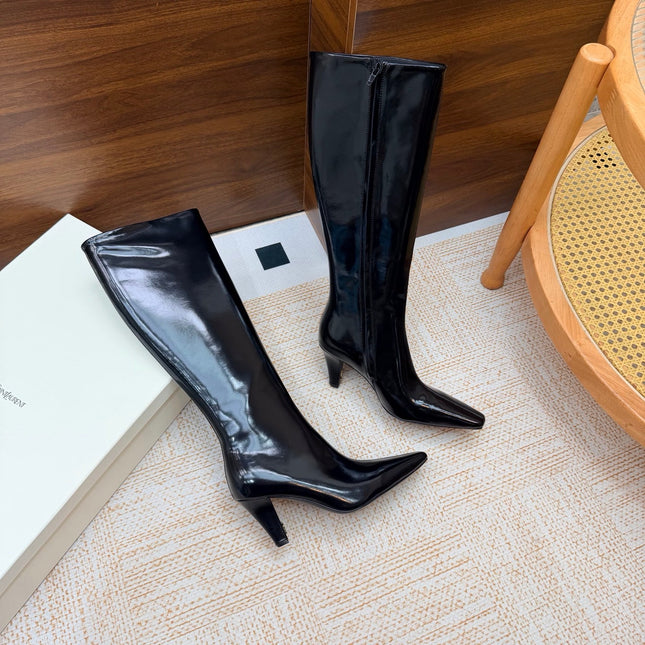 YSL 26S KNEE-HIGH BOOTS 70 MM IN BLACK GLOSSY CALFSKIN