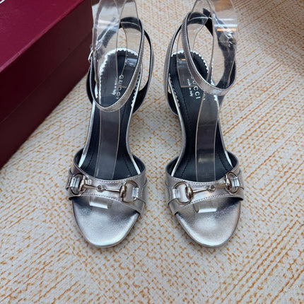 GUCCI 26S WEDGE SANDALS 80 MM IN SILVER CALFSKIN
