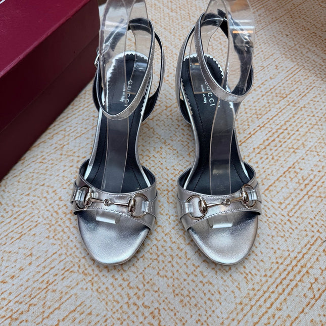 GUCCI 26S WEDGE SANDALS 80 MM IN SILVER CALFSKIN