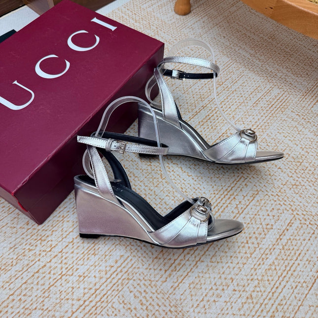 GUCCI 26S WEDGE SANDALS 80 MM IN SILVER CALFSKIN