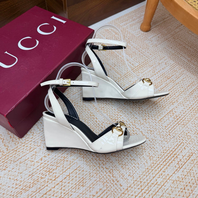 GUCCI 26S WEDGE SANDALS 80 MM IN WHITE GLOSSY CALFSKIN