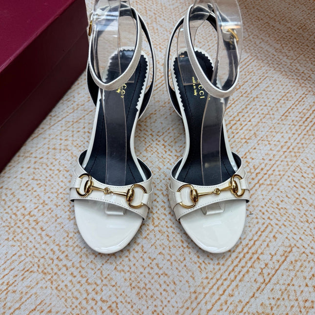 GUCCI 26S WEDGE SANDALS 80 MM IN WHITE GLOSSY CALFSKIN