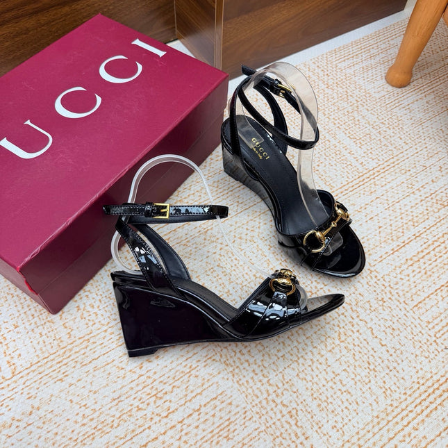 GUCCI 26S WEDGE SANDALS 80 MM IN BLACK GLOSSY CALFSKIN